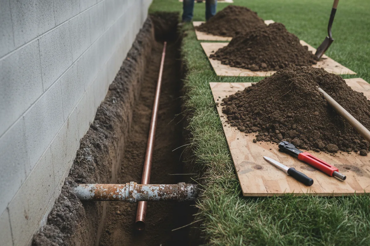 Excavated water line trench during Water Heater Repair in Hutchinson